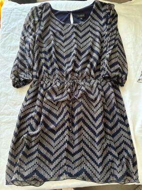Enfocus Studio Navy and Cream Chevron Print Dress with Drawstring